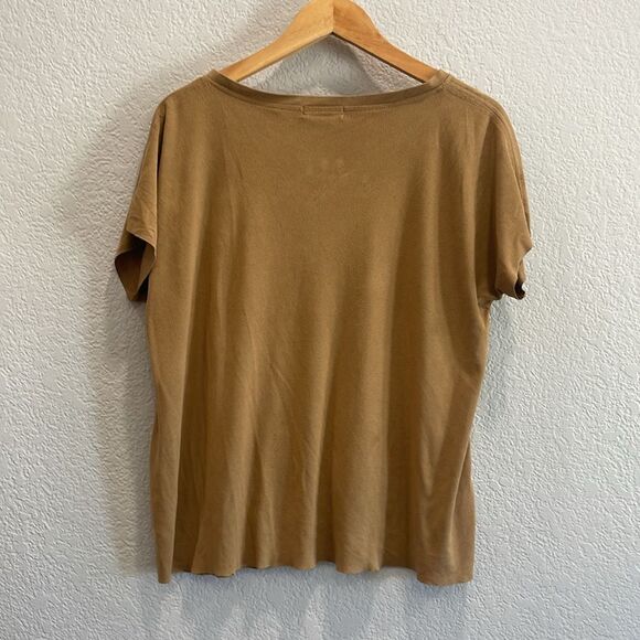 Boutique Camel Tan Faux Suede V Neck Short Sleeve Top Size Large - Picture 5 of 6